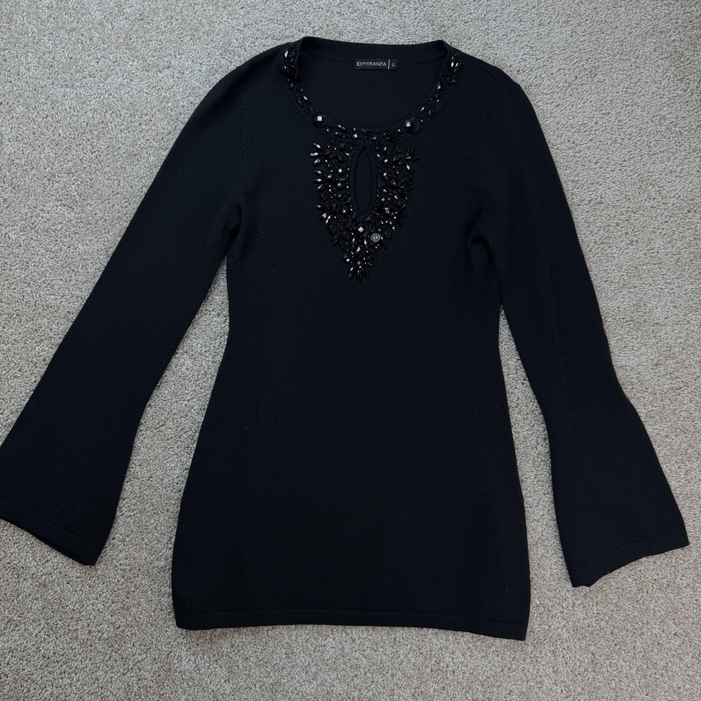 Esperanza Sweater Womens Large Black Beaded Jewel Crew Neck Flare Sleeve Tunic